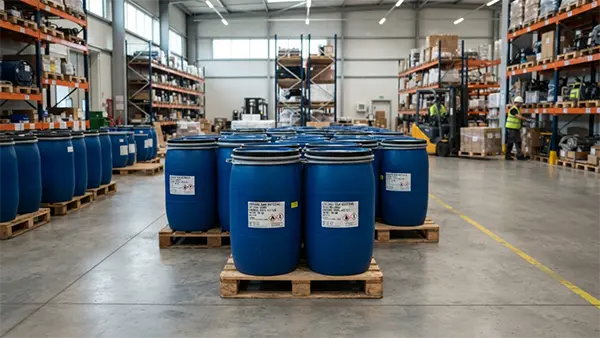 Chemical drums stacked on pallets